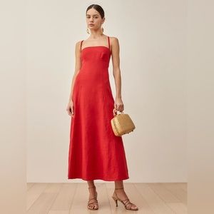 Reformation rai linen red bow tie maxi dress